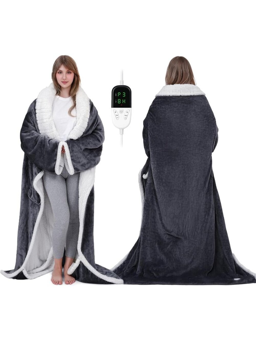 Wearable Heated Blanket Dark Gray White Sherpa 50x70 NWT